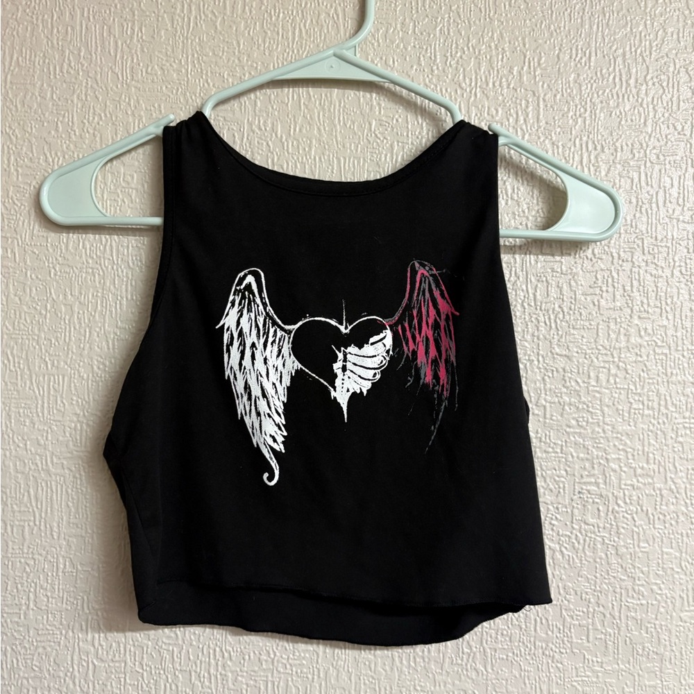 SHEIN Black Crop Top with Winged Heart Design